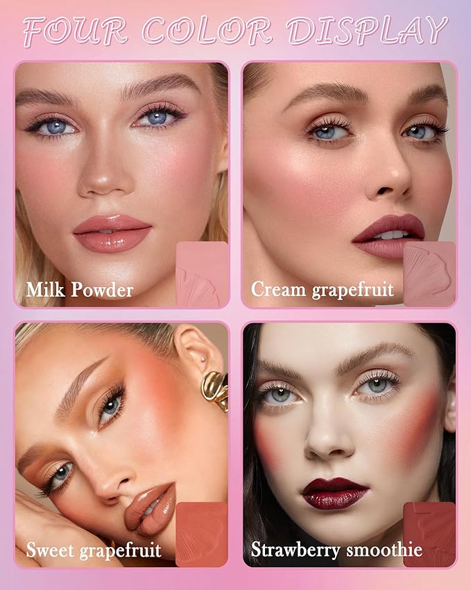 Matte Face Blush Palette Kit with Brush-4 Colors Pink Purple Orange Silky Mineral Blendable Blusher Contour Powder for Cheeks,Longlasting Professional Facial Beauty Makeup Gift for Women Girl-Set 01