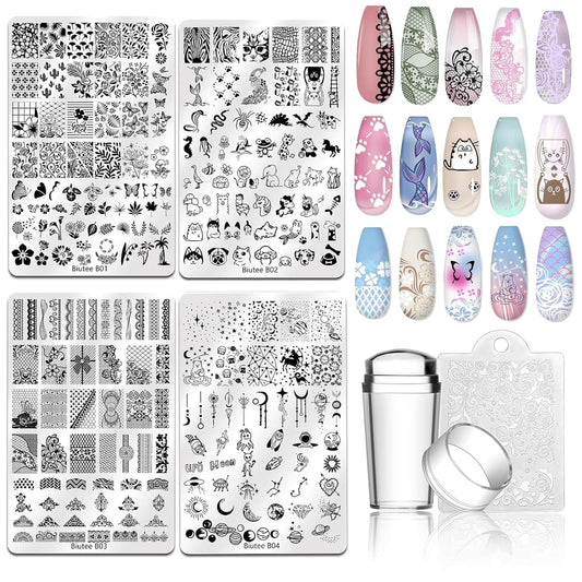 Biutee Nail Art Stamping Plate Nail Stamper Kit with Stamper & Scraper, Large Nail Stamp Plate French Line Lace Flower Leaves Animal Star Space Design DIY Nail Stamping Kit