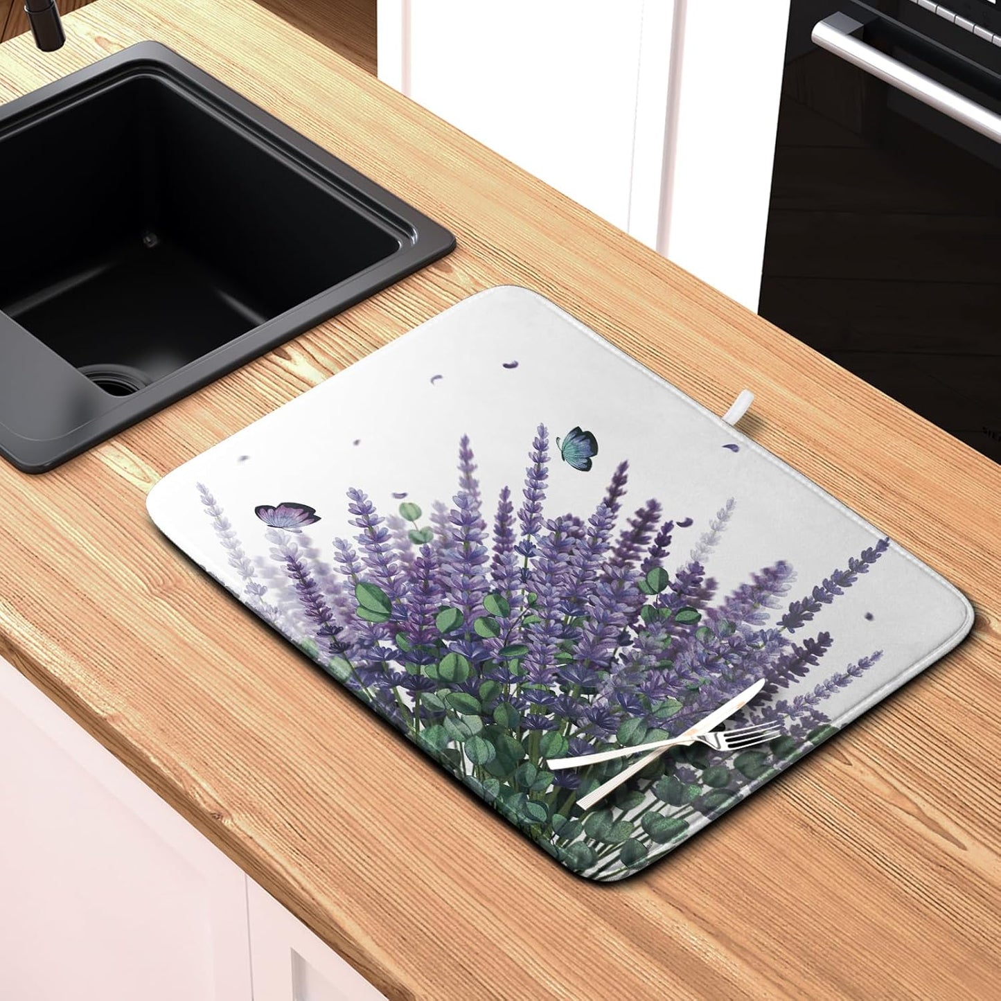 Purple Lavender Dish Drying Mat for Kitchen Counter Spring Summer Floral Microfiber Dish Drainer Mats Green Leaves Butterfly Absorbent Reversible Dish Drainer Rack Mat 16x18 Inch