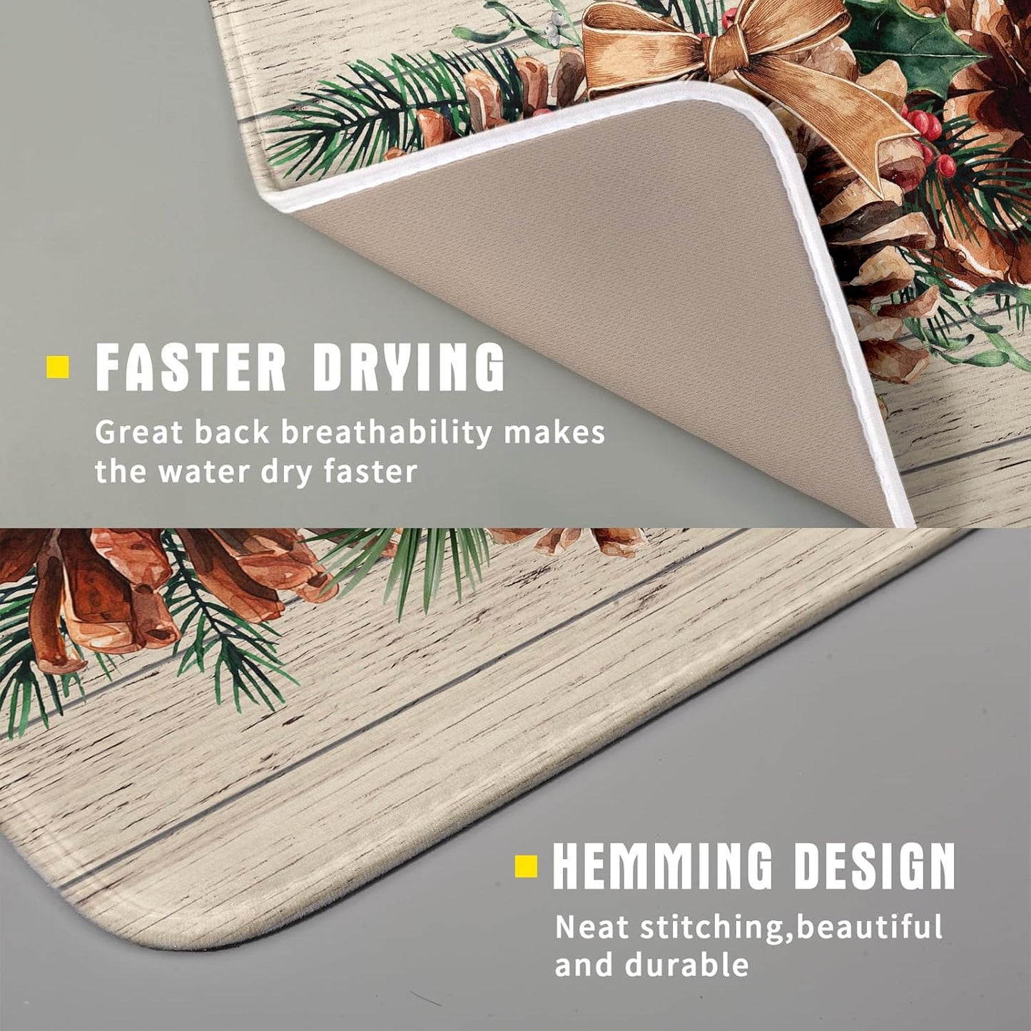 Winter Pine Cone Dish Drying Mat Holly Berries Dish Draining Mat Microfiber Washable Dish Drainer Rack Mat for Home Kitchen Counter 16"x18"