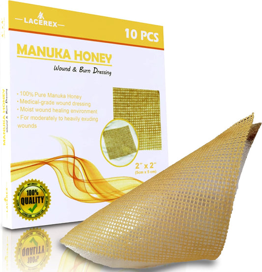 AWD Manuka Honey Gauze Dressing - 100% Impregnated Medical Grade Honey Patches - Medical Supplies, Wound Care, and First Aid - Gauze Pads 10 Count (2"x2")