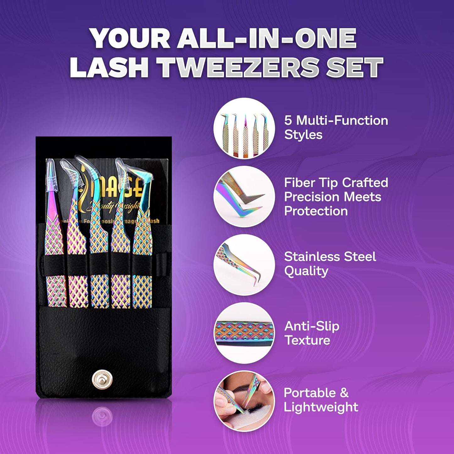 5 Pcs Fiber-Tip Japanese Steel Lash Tweezer Set with Leather Case, Professional Eyelash Tweezers for Lash Extensions – Titanium Coated, 90 & 45 Angled, Precision Pointed Tweezers (Rainbow Color)