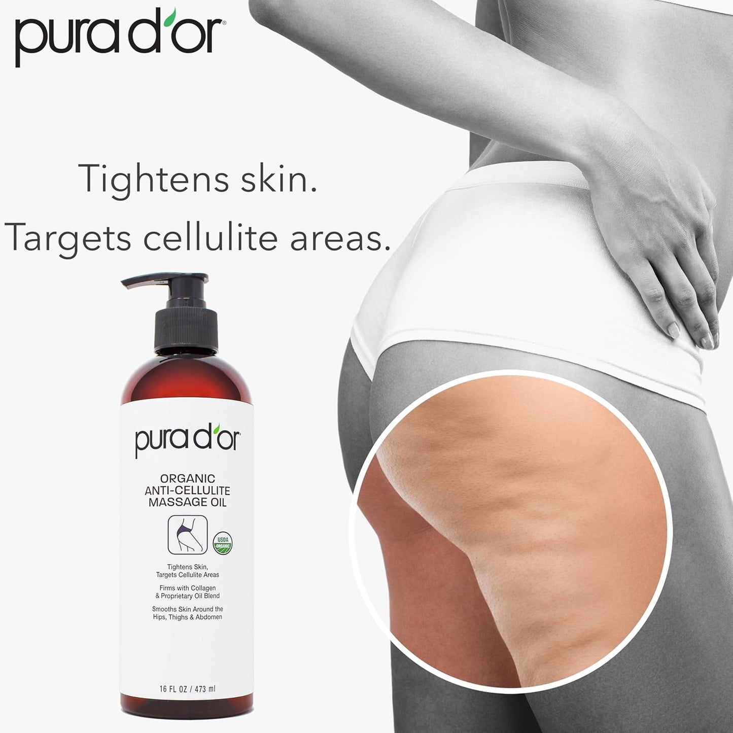PURA D’OR 16 Oz Organic Anti-Cellulite Massage Oil for Toned Legs and Butt - Lemon Peel, Moringa, Grape Seed, Grapefruit & Eucalyptus Oils - Skin Firming & Tightening