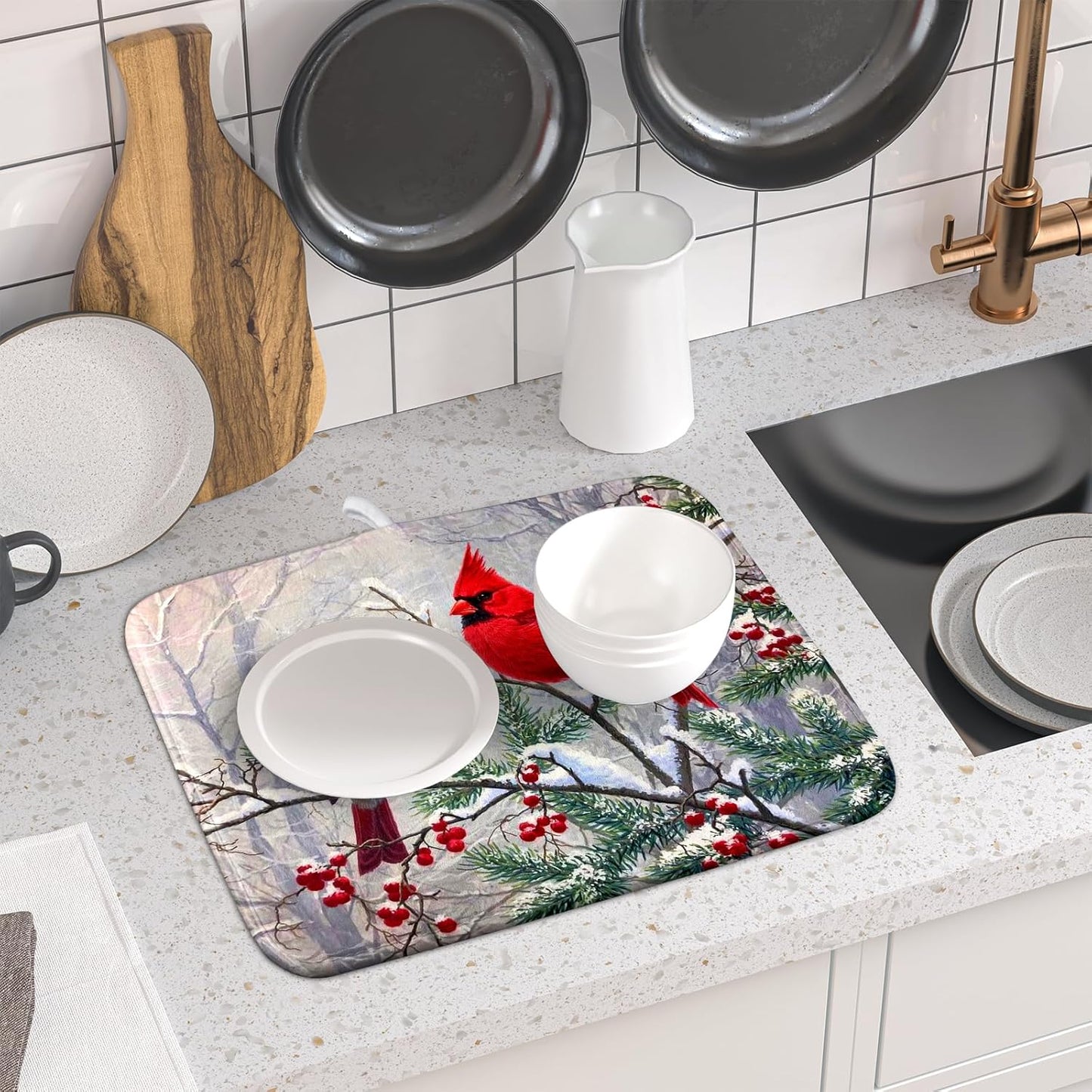 Red Bird Dish Drying Mat Merry Christmas Dishes Pad Absorbent Fast Dry Dish Drainer Mat Protector for Kitchen Counter 16 x 18 Inches