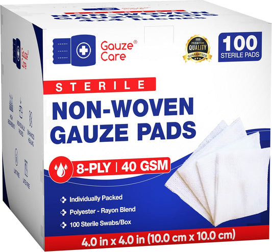 Gauze Care Non-Woven Sterile Gauze Pads 4x4, Pack of 100, 8-Ply, Soft, Lint-Free, Individually Wrapped, Sterile, Absorbent, Breathable, Perfect for Wound Care