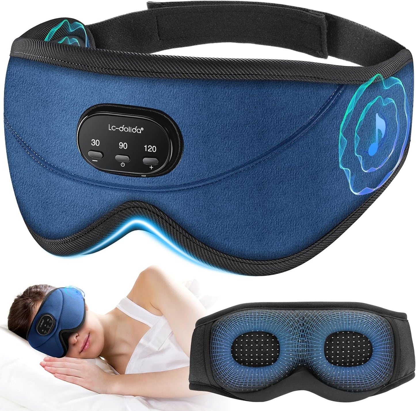 LC-dolida White Noise Sleep Mask, 3D Sleep Headphones with 16 Soothing Sounds, Bluetooth 5.4 Sleep Eye Mask with Timer, Total Blackout Sleeping Headphones for Side Sleeper(Navy)
