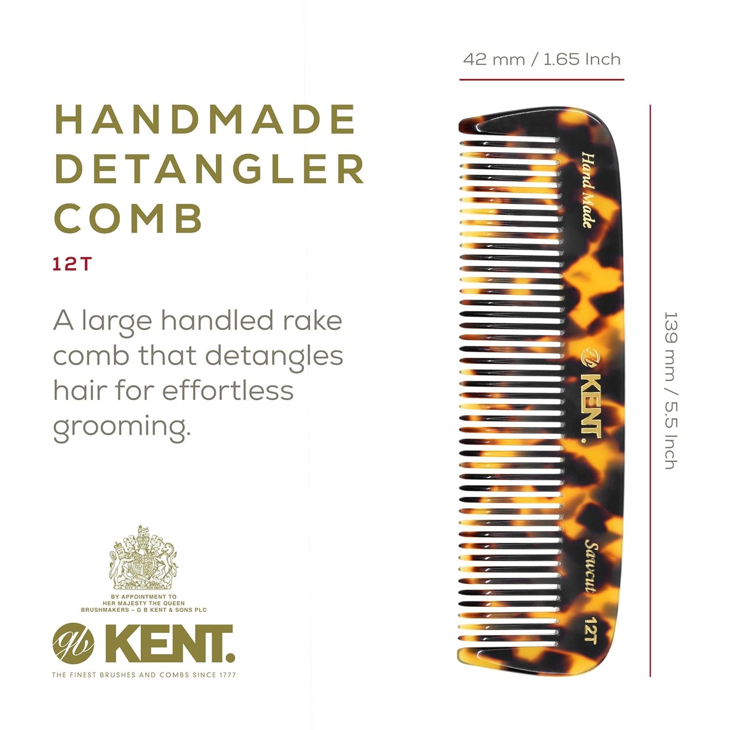 Kent 12T Wide Tooth Detangling Comb - Handmade Pocket Comb for Hair, Beard and Mustache, Saw-Cut and Hand Polished (Yellow Tokyo)
