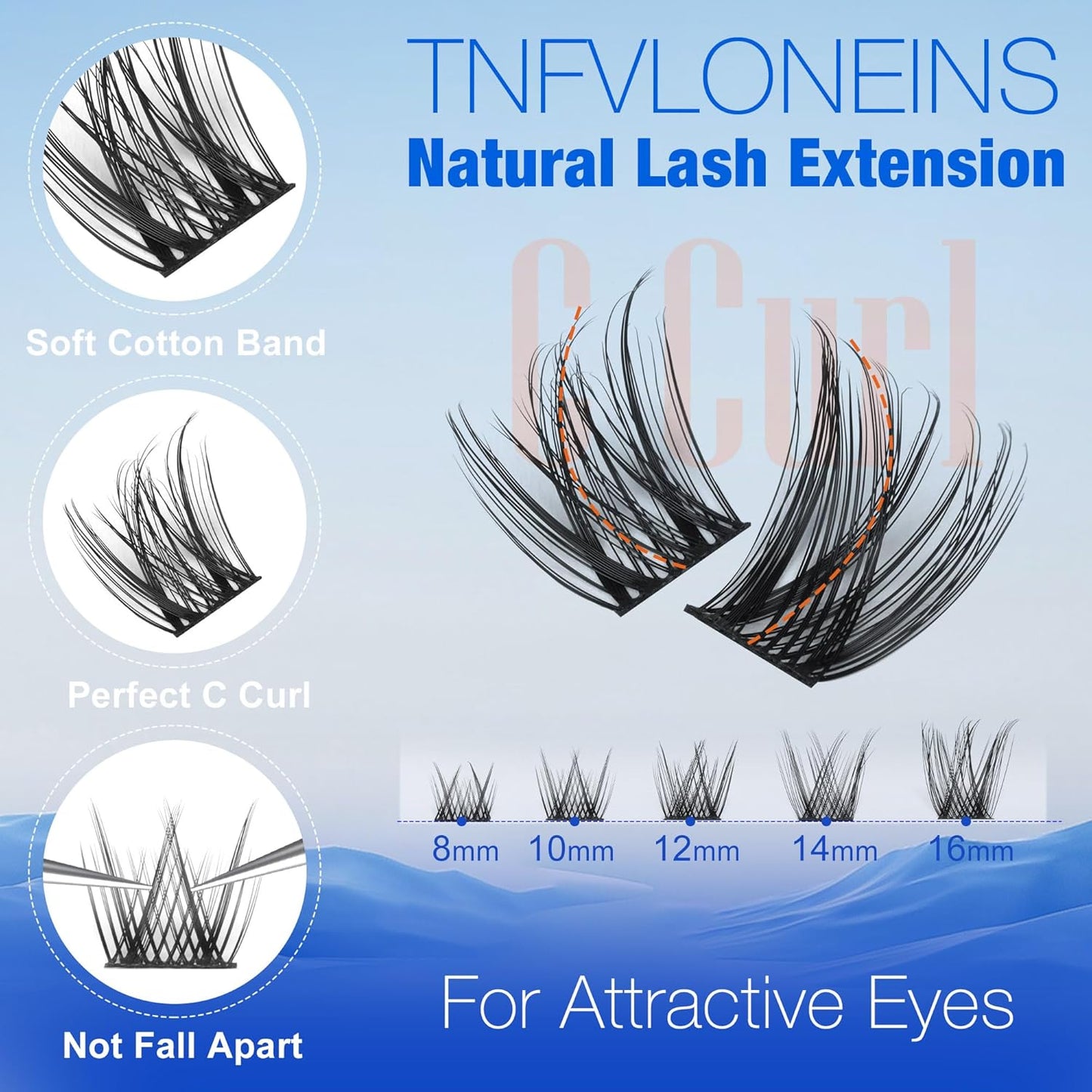 Natural Lash Clusters Kit Wispy Lash Extension Kit C Curl Eyelash Extension Kit Individual Lashes Cluster Eyelash Extensions Kit 8-16MM Eyelash Clusters with Bond and Seal and Tweezers by TNFVLONEINS