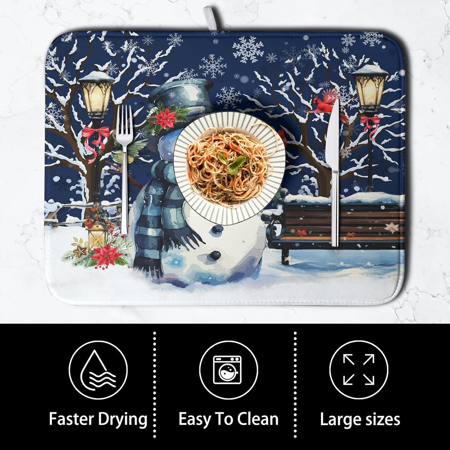 Winter Snowman Dish Drying Mat for Kitchen Counter 16x18, Xmas Snowflakes Dish Drainer Mat Snowy Night Drying Kitchen Mats Cardinal Birld Dish Pad Absorbent Reversible Coffee Mats for Dishes