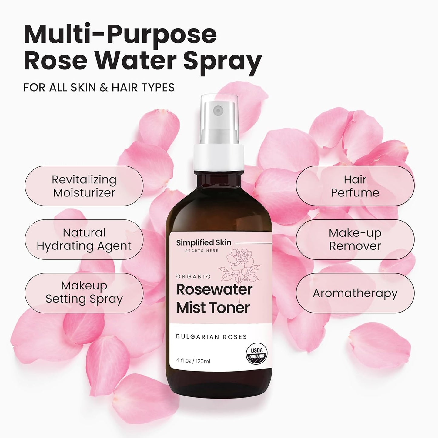 Rose Water Spray for Face & Hair – Pure USDA Organic Rosewater Toner – Refreshing Mist for Skin Care, Makeup & Locs – Natural Rose Scent, 4 Oz (3 Pack)