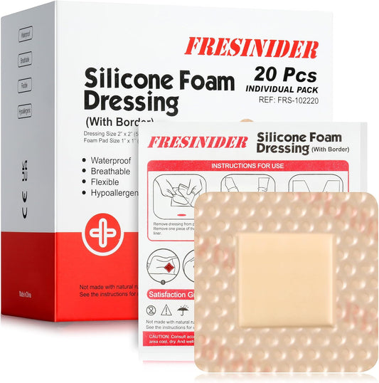FRESINIDER Silicone Foam Dressing with Adhesive Border – Wound Dressing Bandage – Silicone Foam Pad – Pack of 20 – 2 x 2 Inches Large Waterproof Bandages – Self Adhesive Wound Care and Dressings