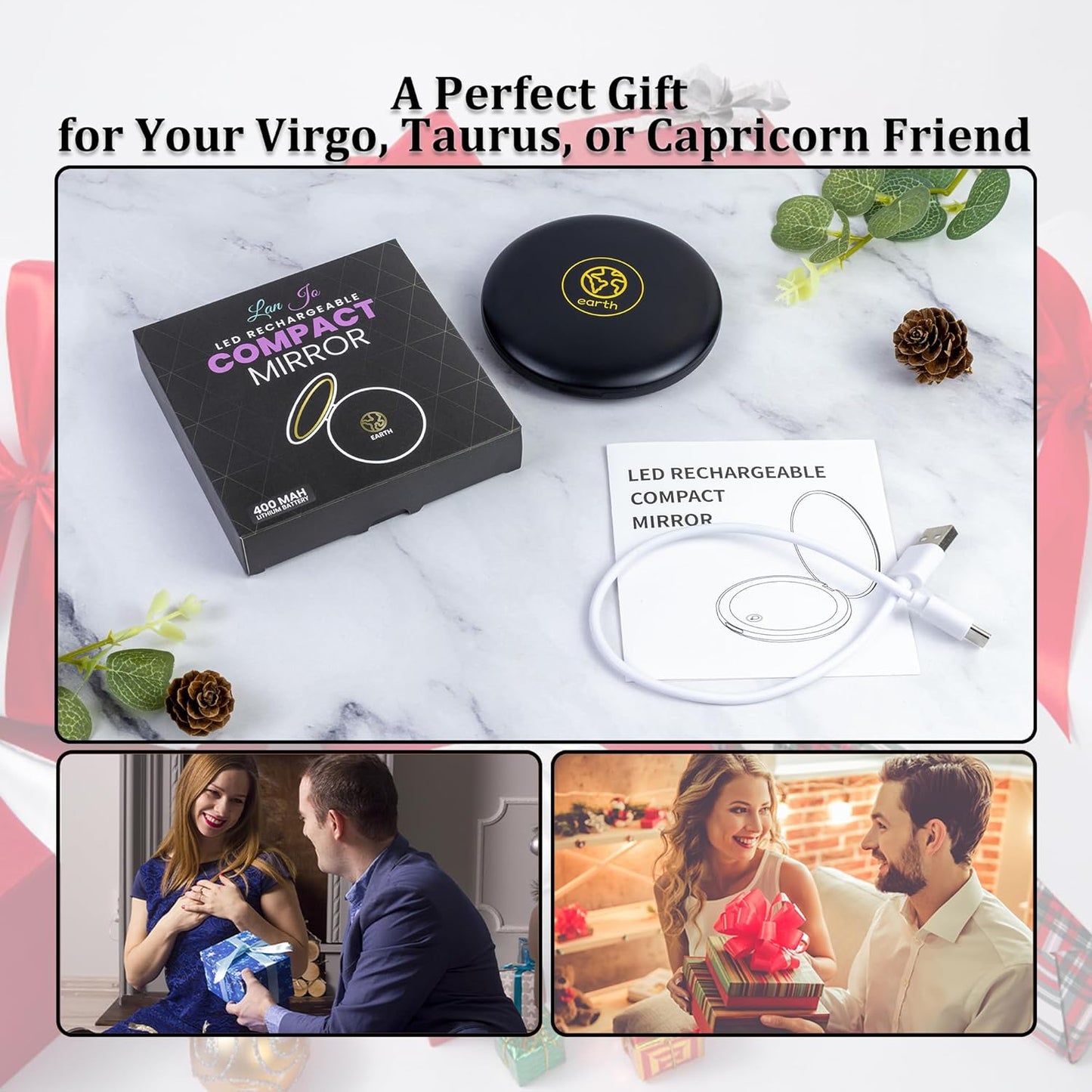 LanJo Lighted Compact Mirror with 1X/5X Magnification, Stepless Dimming & 3 Adjustable Light Settings, Rechargeable Makeup Mirror for Purse, Travel & Gifts – Earth Sign Zodiac Design – Black