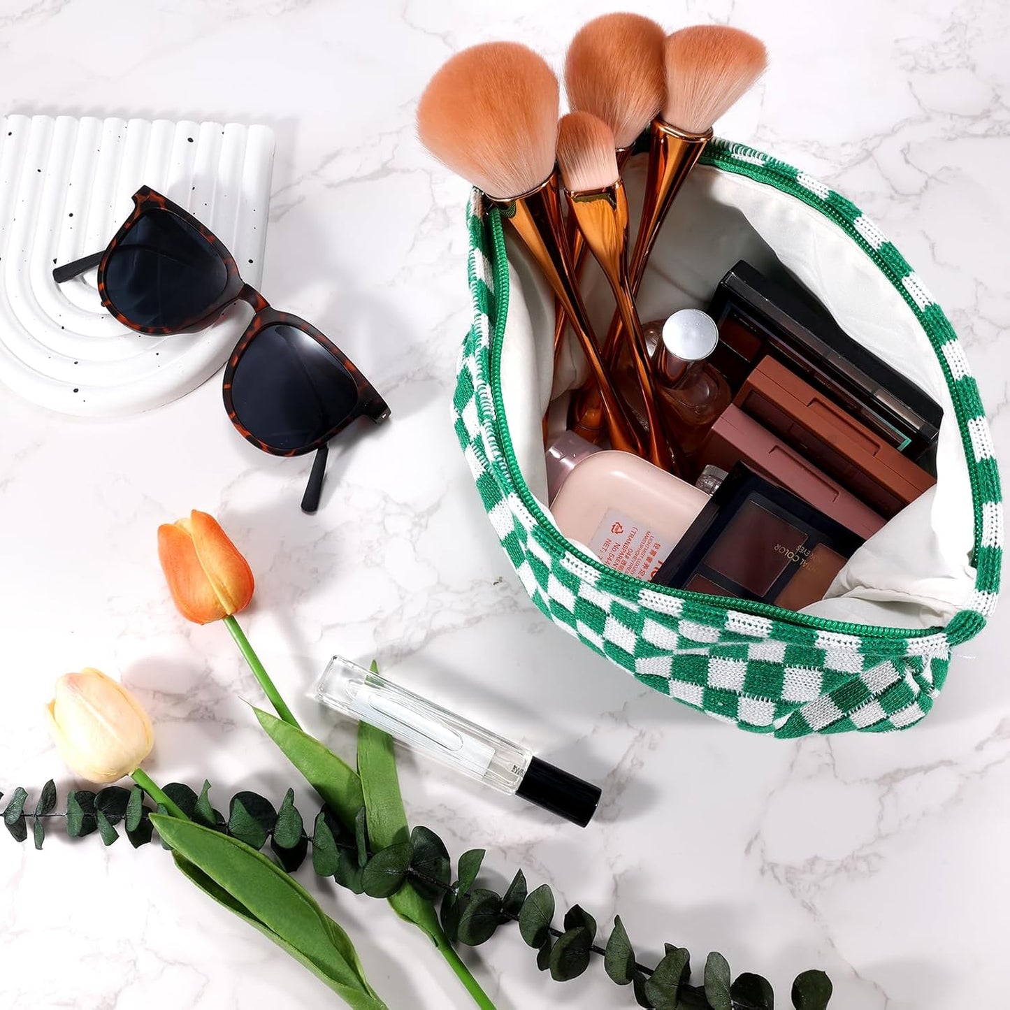 ZLFSRQ 2Pcs Checkered Makeup Bag for Women Large Small Checkered Cosmetic Bag Set Aesthetic Preppy Pencil Case Cute Pencil Pouch Green Makeup Pouch for Purse Travel Toiletry Bags Zipper Skincare Bags