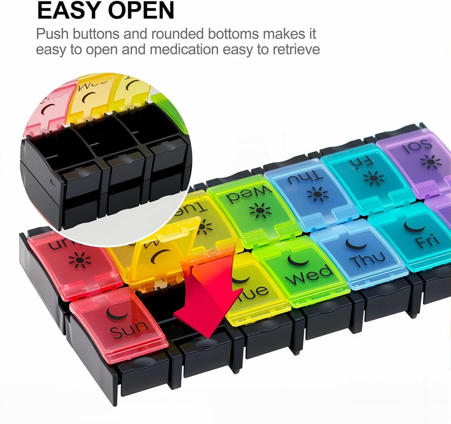 XL Large AM/PM Weekly Pill Organizer Arthritis Friendly, 2 Times a Day Pill Box with Spring Open Design, 7 Day Vitamin Case with Push Button Compartments (Black)