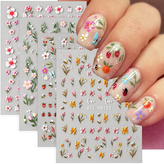 5D Flowers Nail Stickers for Nail Art Cute Bee Ladybug Small Floral Nail Decals Self-Adhesive Summer Nail Art Stickers Strawberry Peach Blossom Leaf Nail Design Manicure Supplies for Women 4 Sheets
