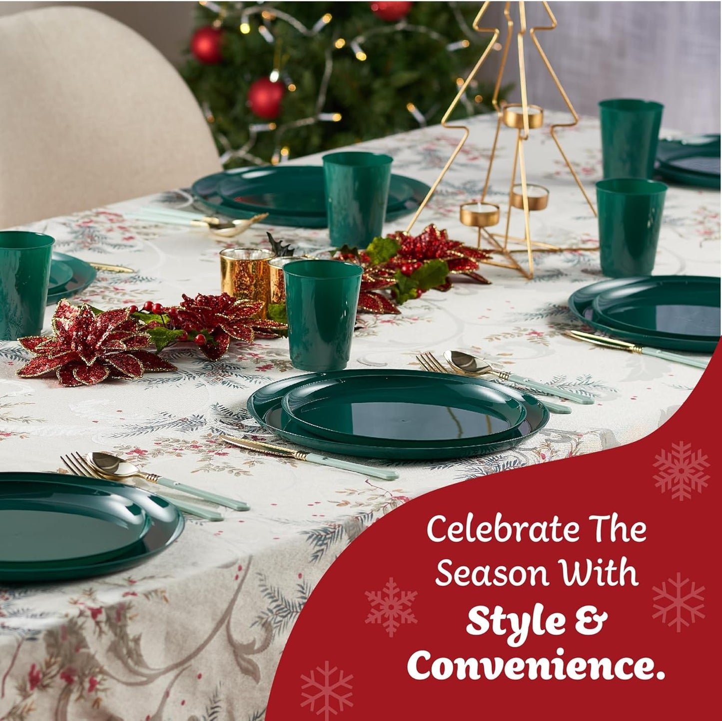 PLASTICPRO [30 Pack 10.7'' Christmass Green Plastic Party Plates Edge Collection Premium heavyweight Elegant Disposable Tableware Dishes