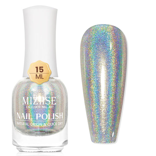 MIZHSE Holographic Nail Polish, Silver Glitter Nail Polish Air Dry Fast, 15 ml 0.5 fl oz High Glossy Shiny Nail Pigment Oil-based Laser Iridescent Nail Lacquer Chrome Halo Nail Art Salon Manicure Home