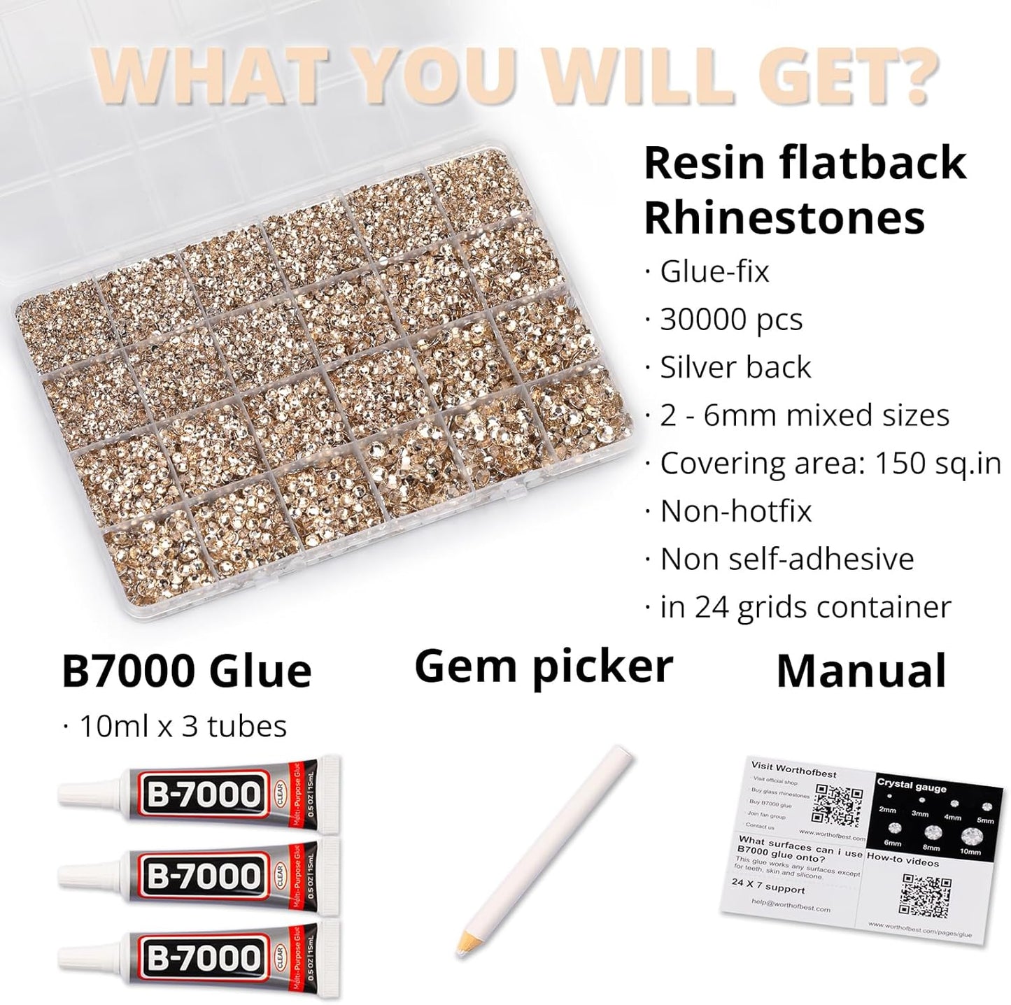 30000Pcs Resin Rhinestones Set for Crafting Bedazzling, Champagne Flatback Gems Jewels for Crafts Clothes Shoes Fabric Outfit Nails Makeup, Flat Back Crystal 2-6mm with b 7000 Glue