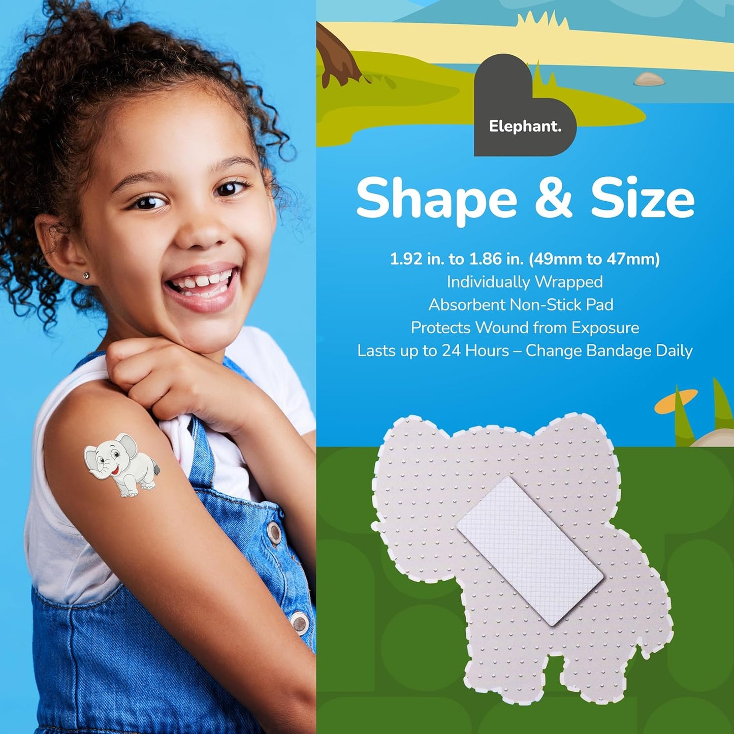 BioSwiss Kids Bandages, Elephant Shaped Self Adhesive Bandage, Latex Free, Sterile Wound Care, 24 Count