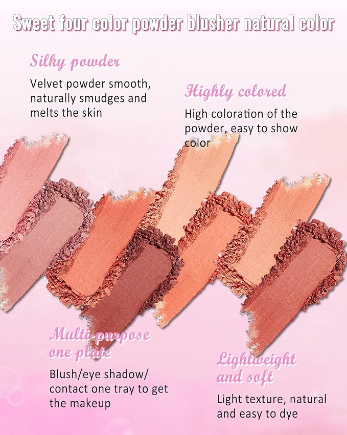 Matte Face Blush Palette Kit with Brush-4 Colors Pink Purple Orange Silky Mineral Blendable Blusher Contour Powder for Cheeks,Longlasting Professional Facial Beauty Makeup Gift for Women Girl-Set 01