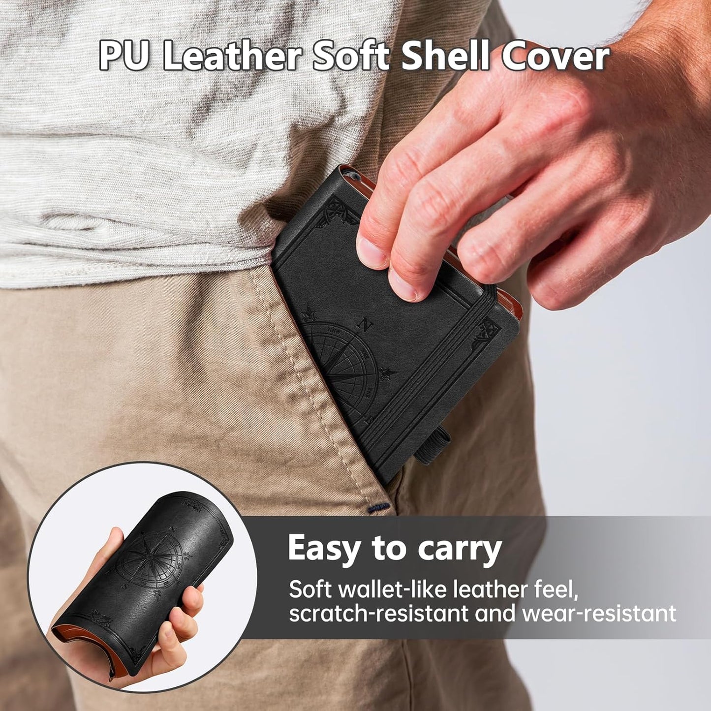 AHGXG Small Blank Pocket Journal Notebook for Men - 256 Numbered Pages B6 Mini Journal, Vintage Soft Leather Hardcover, 80gsm Paper, for Women Work Office School, 4.1'' X 5.7''- Black