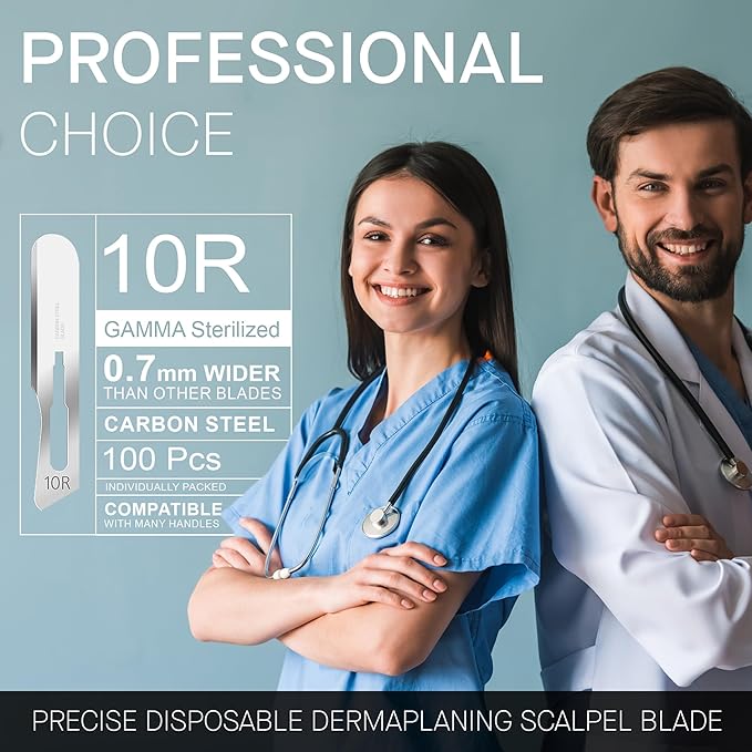10R Blades Dermaplaning Kit Containing 10r Blades Scalpels Pack of 100 with Scalpel Handle #3 + 10R Scalpel Blade Remover Box + Hemostat by Mymed