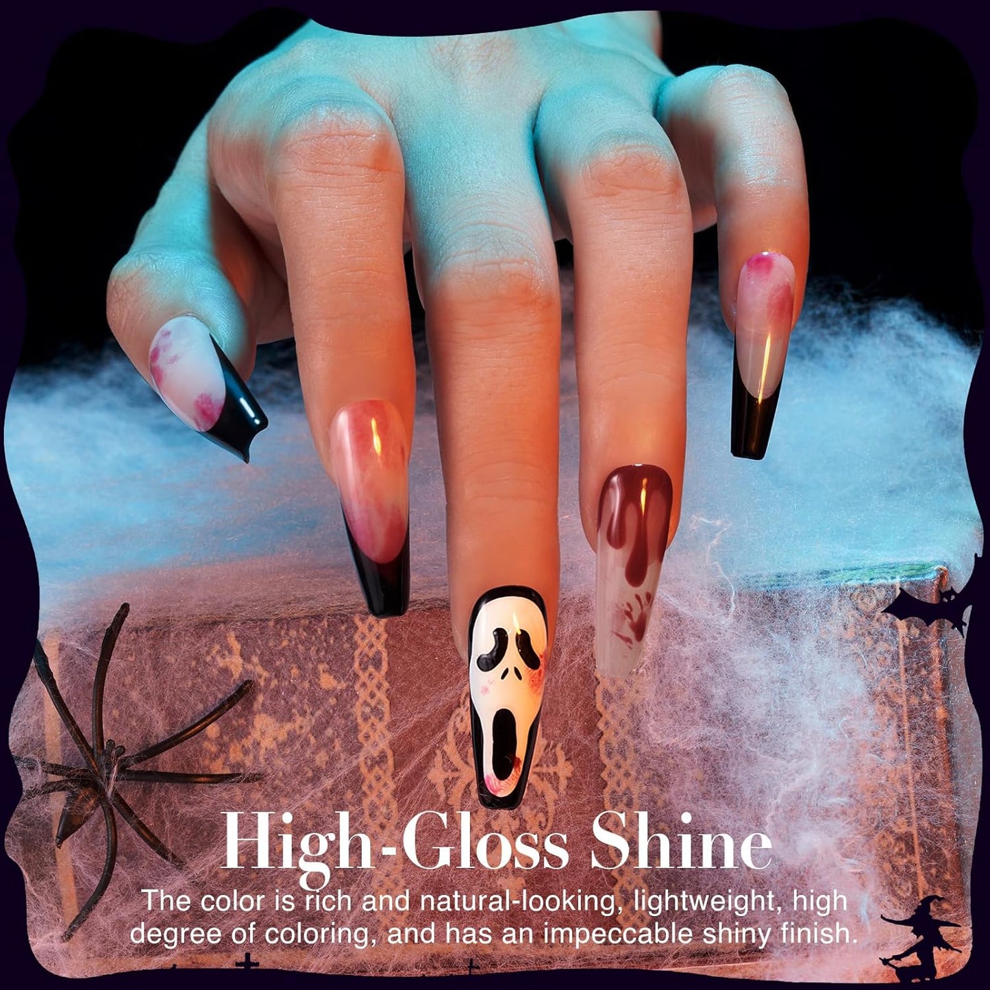 AZUREBEAUTY Halloween Dip Powder Nail Kit Starter Black Green Noctilucent Purple Red add 3D Nails Accessory Acrylic Dip Powder Liquid Set with Base/Top Coat Activator for Manicure Gift Box