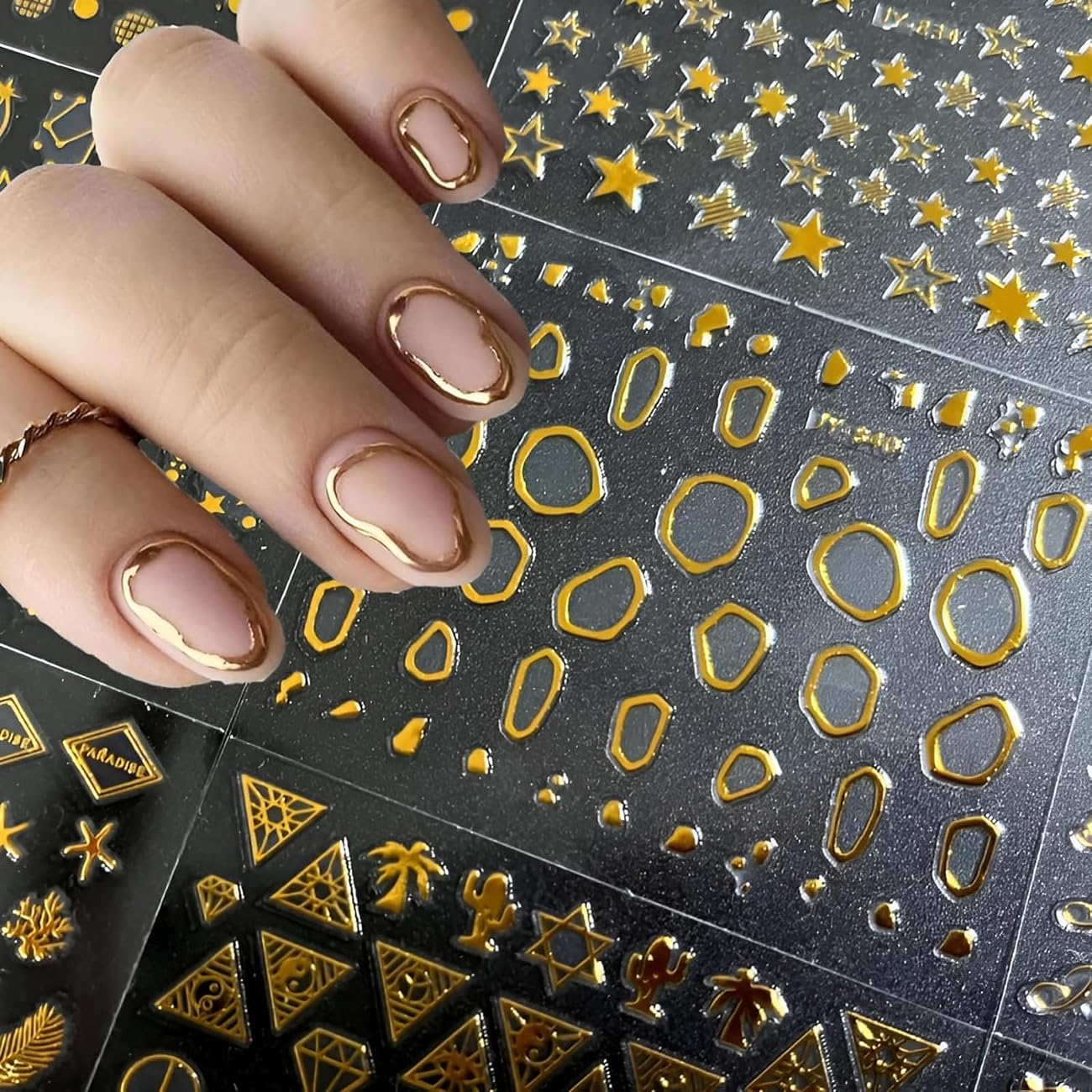 30 Sheets Gold Nail Art Stickers 3D Self-Adhesive Nail Decals Gold Line Star Moon Nail Stickers for Acrylic Nails Gold Stamp English Letter Nail Stickers Gold Leaf Diamond Nail Supplies for Women
