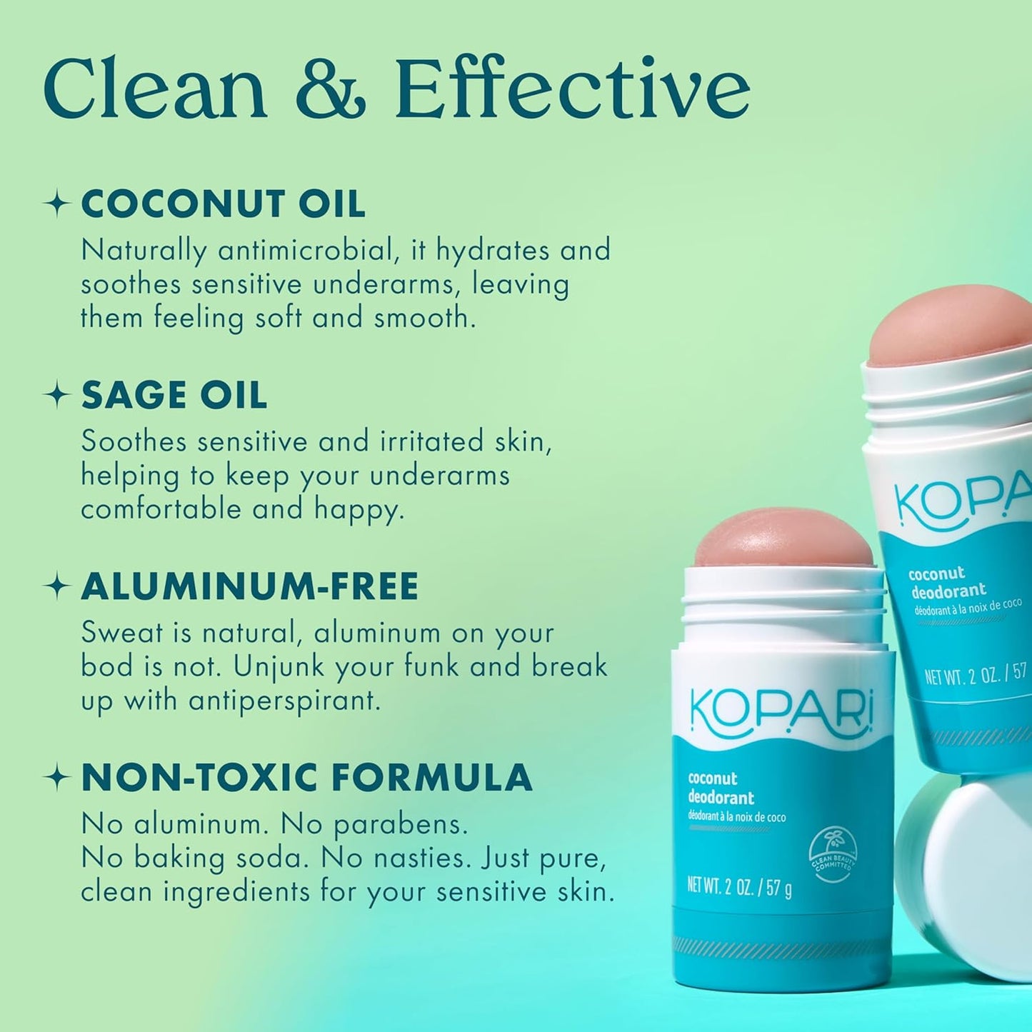 Kopari Aluminum Free Coconut Deodorant, Non Toxic & Clean Plant-Based, No Aluminum, Parabens or Baking Soda, Long Lasting Protection, Original 2 Pack