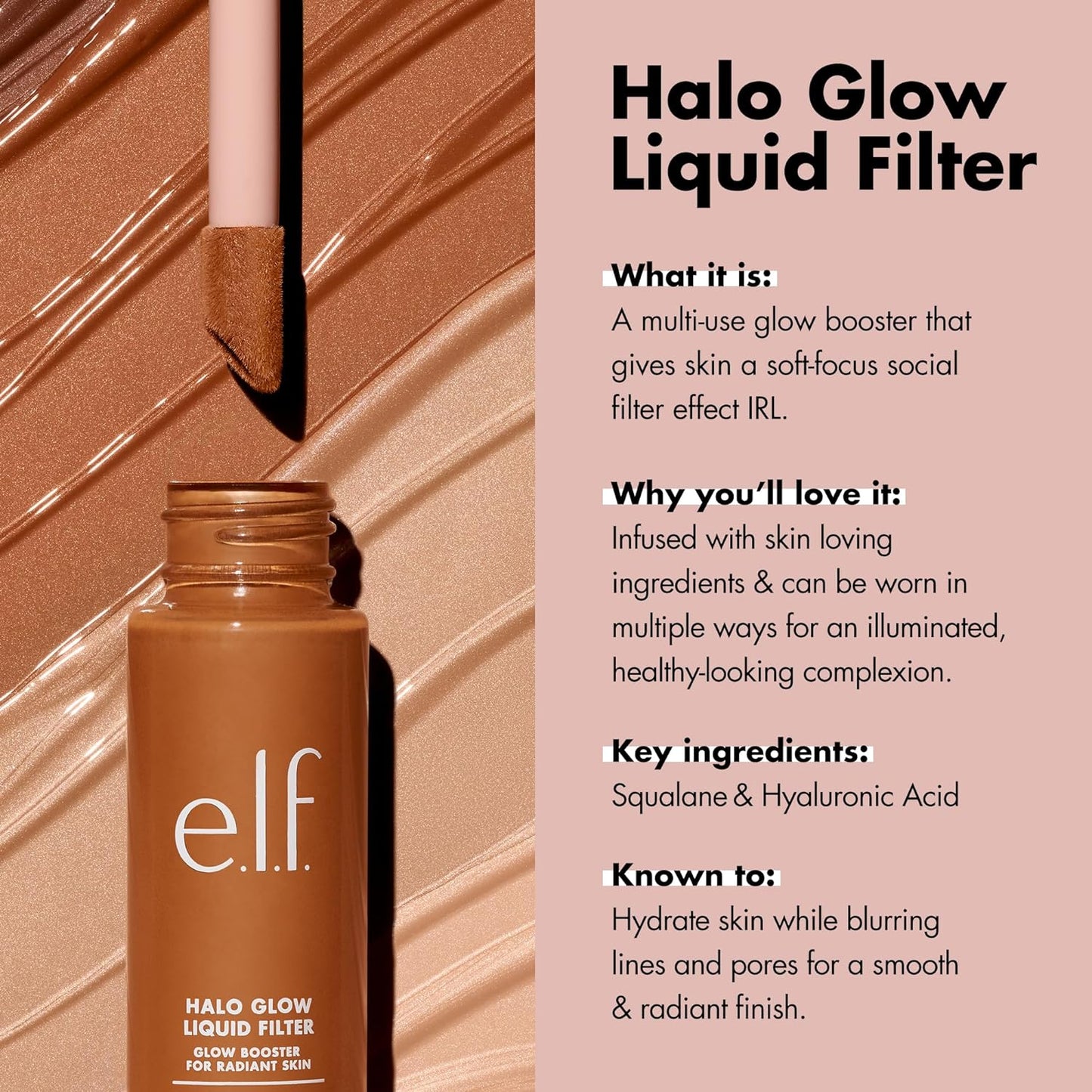 e.l.f. Halo Glow Liquid Filter, Complexion Booster For A Glowing, Soft-Focus Look, Infused With Hyaluronic Acid, Vegan & Cruelty-Free, 6.5 Deep