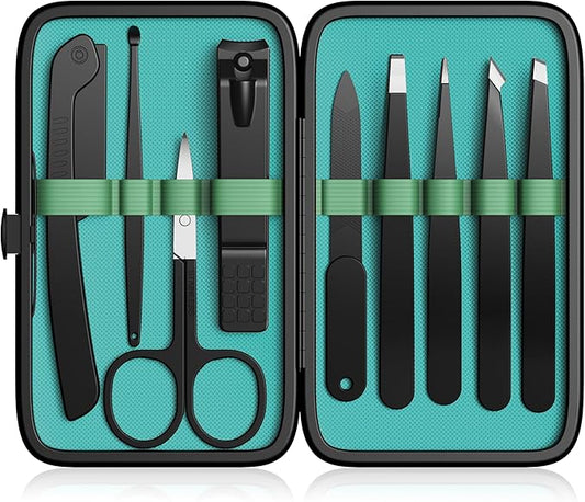 Yougai Tweezers Set,9 Pcs Professional Stainless Steel Tweezer Kit-Great Precision Tweezers for Daily Beauty Tools with Leather Travel Case as Stocking Stuffers Gifts