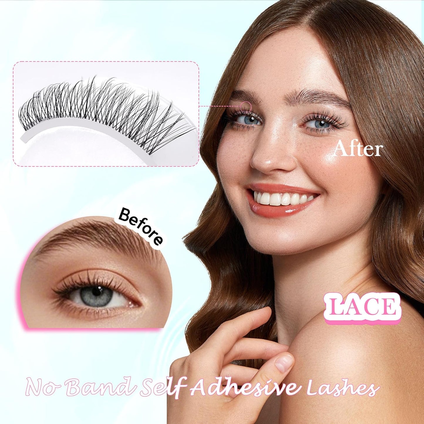 GAQQI Self Adhesive Eyelashes Clusters, No Glue Lash Clusters 10-16mm Wispy & Natural Cluster Lashes, No Band Press On Lashes, More Comfortable & Stronger Hold (Lace）
