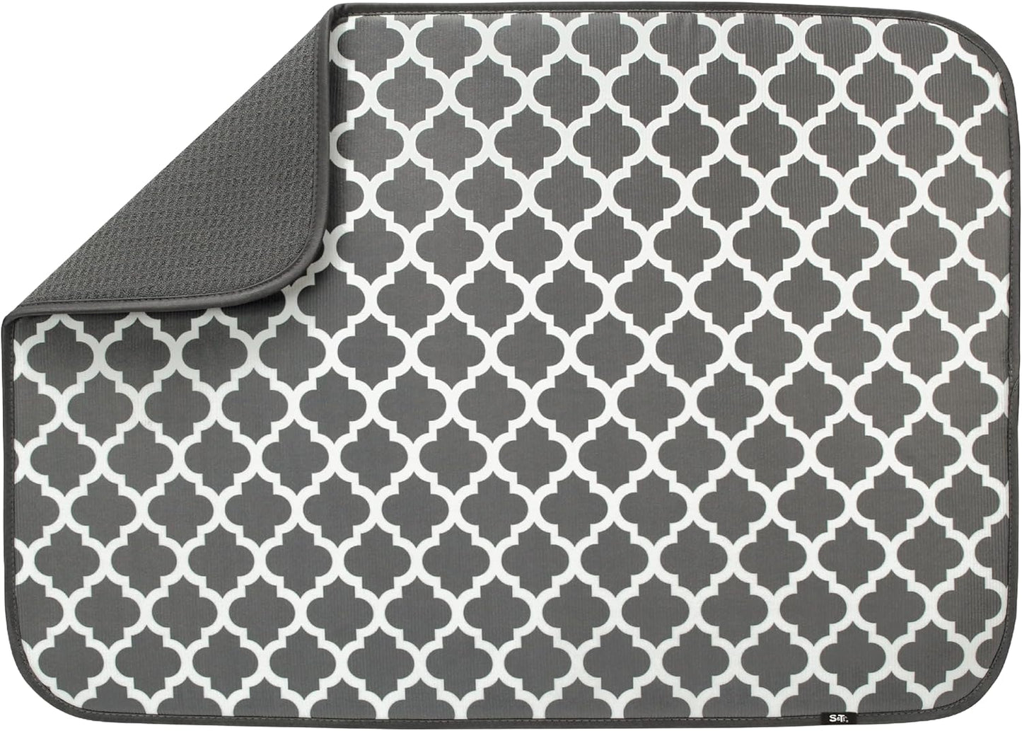 S&T INC. Dish Drying Mat XL, 18” x 24”, Absorbent Microfiber Kitchen Counter Mat, Dish Drying Pad for Dishes, Utensils, Pots and Pans, Extra Large, Pewter Grey Trellis