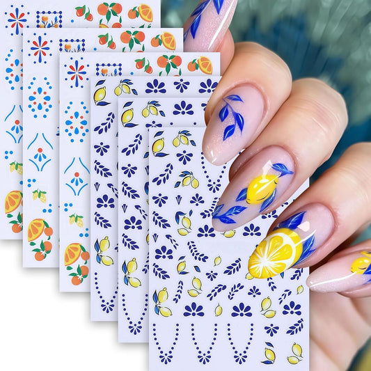 6Pcs Summer Nail Art Stickers 3D Self-Adhesive Orange Lemon Nail Decals Strawberry Blueberry Stickers for Nails Designs Cute Fruit Nail Decor Bohemian French Nail Accessories for DIY Women Manicure
