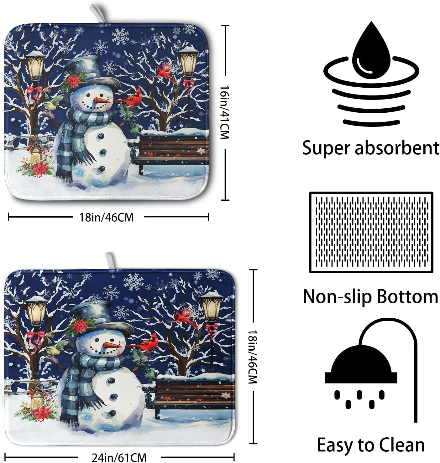 Winter Snowman Dish Drying Mat for Kitchen Counter 16x18, Xmas Snowflakes Dish Drainer Mat Snowy Night Drying Kitchen Mats Cardinal Birld Dish Pad Absorbent Reversible Coffee Mats for Dishes