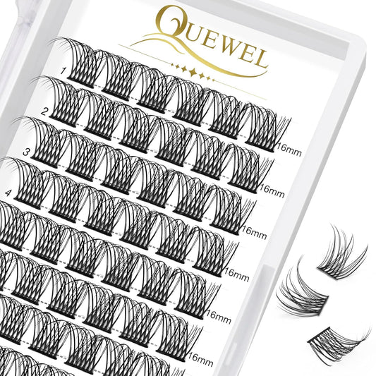 QUEWEL Lash Clusters 72 Pcs Cluster Lashes Wide Stem Eyelash Clusters C/D Curl 8-16mm DIY Eyelash Extensions Natural Style for Self Easy To Use at Home (Natural-D-16)