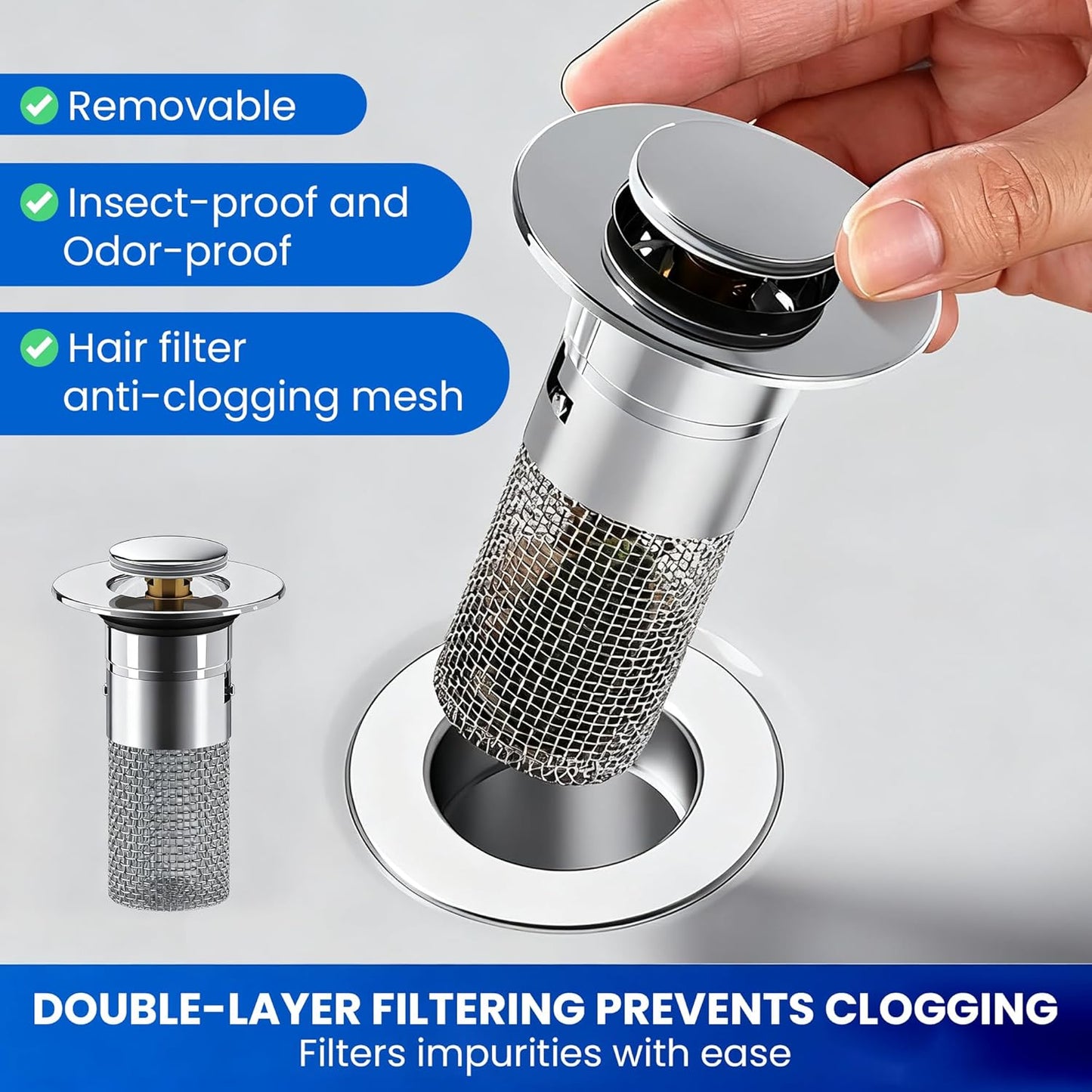Saker Bathroom Sink Drain Strainer Hair Catcher (3 PCS), Pop-up Drain Filter with Removable Stainless Steel Filter Basket, Prevents Hair Clogs, Suitable for Bathroom Sink Stopper Replacement