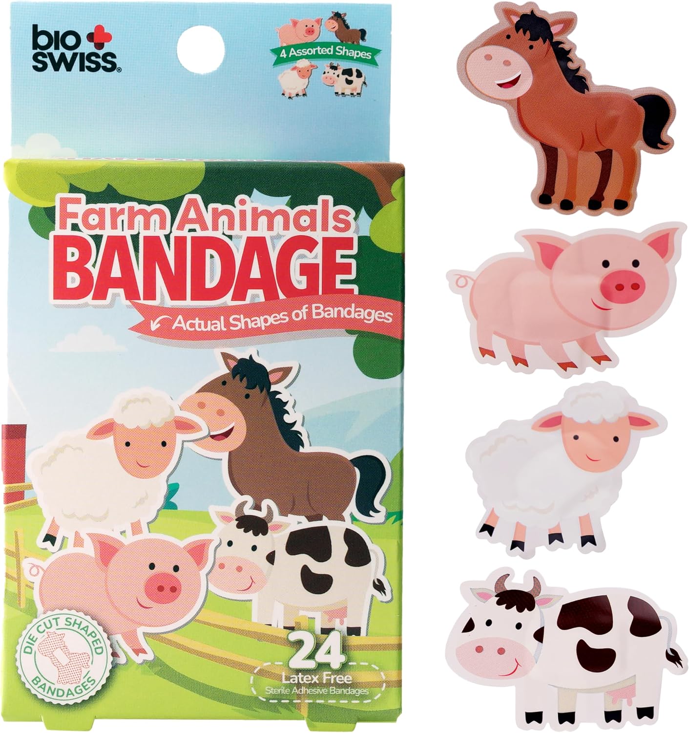 BioSwiss Kids Bandages, Farm Animal Shaped Self Adhesive Bandage Set, Latex Free, Sterile Wound Care, 24 Count