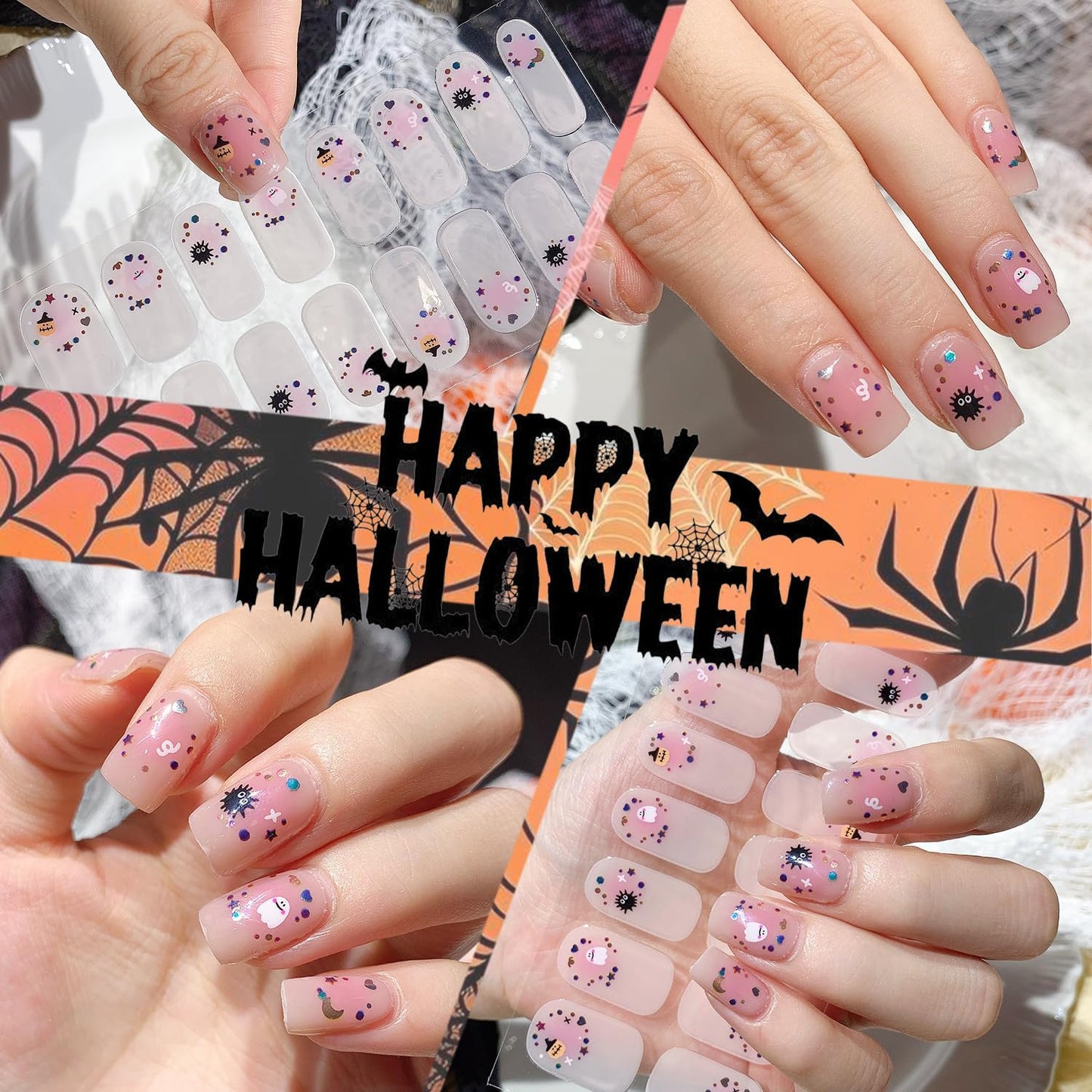 6 Sheets Spooky Halloween Gel Nail Stickers Bat Nail Wraps for Short Nails Self-Adhesive Ghost Full Wrap Nails Polish Strips Pumpkin Nails Polish Stickers Skull Gel Nail Strips for Women Nails Designs