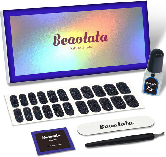 Nail Polish Strips, 44PCS Salon Quality Wraps with Top Coat, Long Lasting Gel Nail Stickers for Women Easy Apply& Remove (Starry Black)
