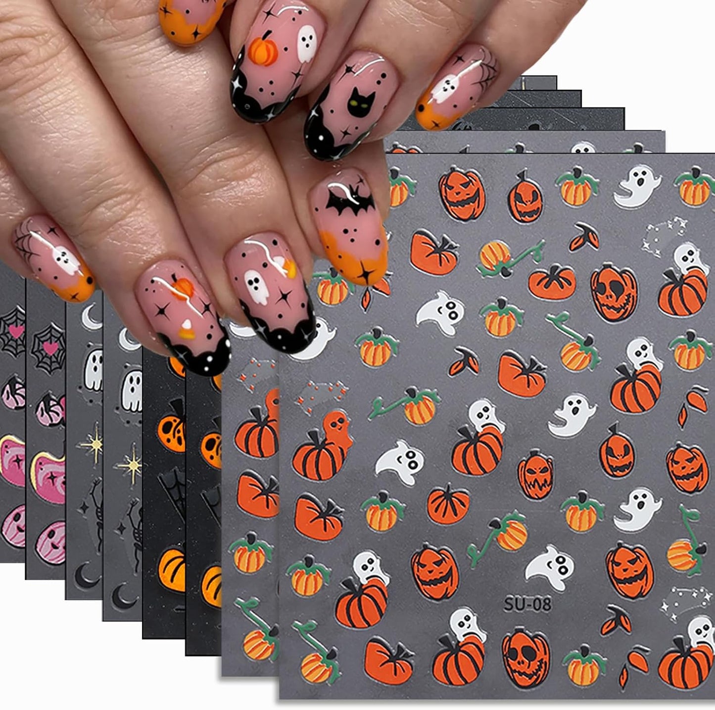 8 Sheets Halloween Nail Art Stickers Cute Ghost Pumpkin 3D Self-Adhesive Nail Decals Spider Web Blood Flame Designs Manicure Art Fall Thanksgiving Nail Supplies for Women DIY Nail Decorations