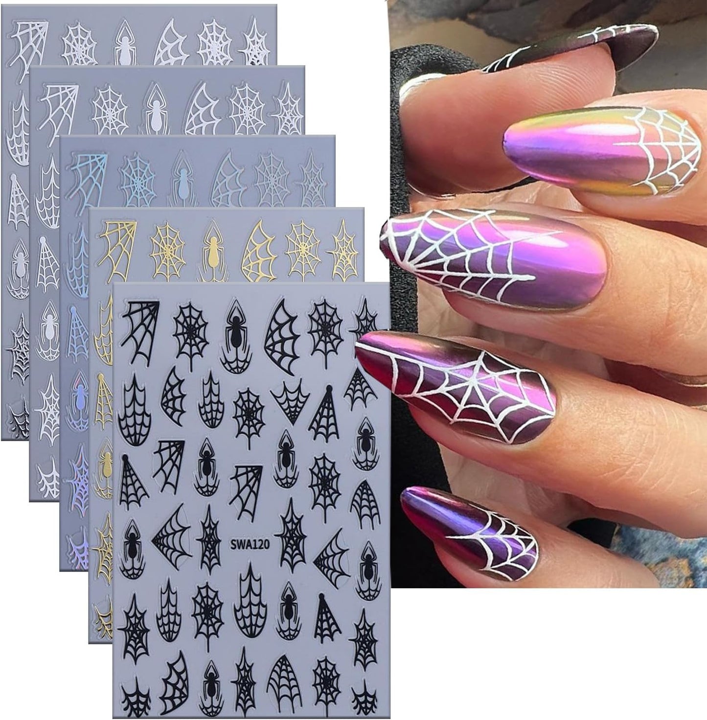 6 Sheets Halloween Spider Web Nail Art Stickers 3D Self -Adhesive Spider Web and Spider Nail Decals Holographic Black Gold Silver Nail Stickers Halloween Nail Decoration for Women Manicure Supplies