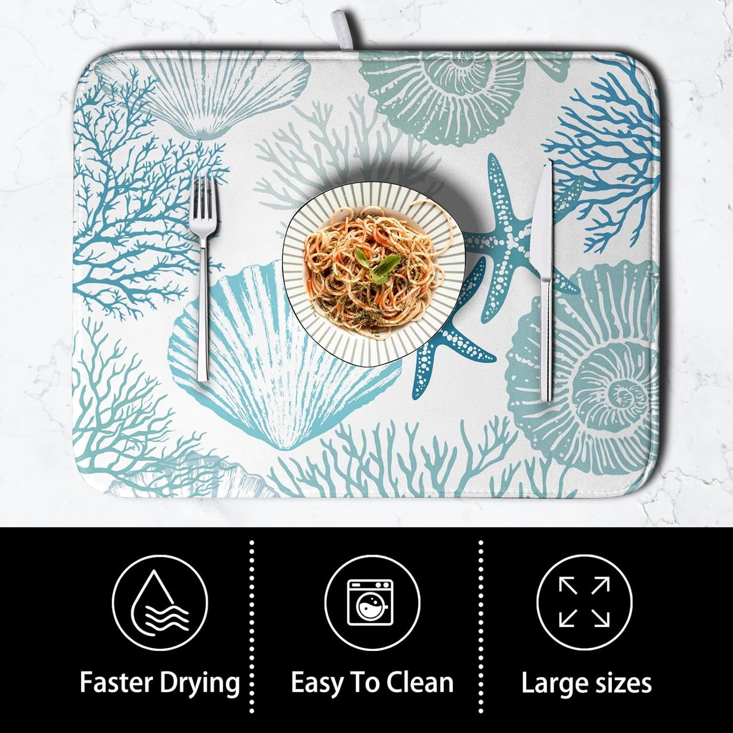 Summer Blue Dish Drying Mat for Kitchen Counter Nautical Coastal Teal Dishes Drainer Mats Beach Coral Seashell Starfish Ocean Absorbent Microfiber Dish Draining Pad 16x18 Inch