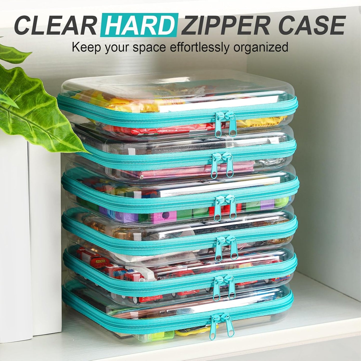 Sanwuta 6 Pcs Clear Hard Zipper Case Pencil Pouches Hard Plastic Zipper Pouches Makeup Bag Transparent Cases for Snacks Plastic Storage Organizer Box for Travel(Teal,7.87 x 5.9 x 2 Inch)
