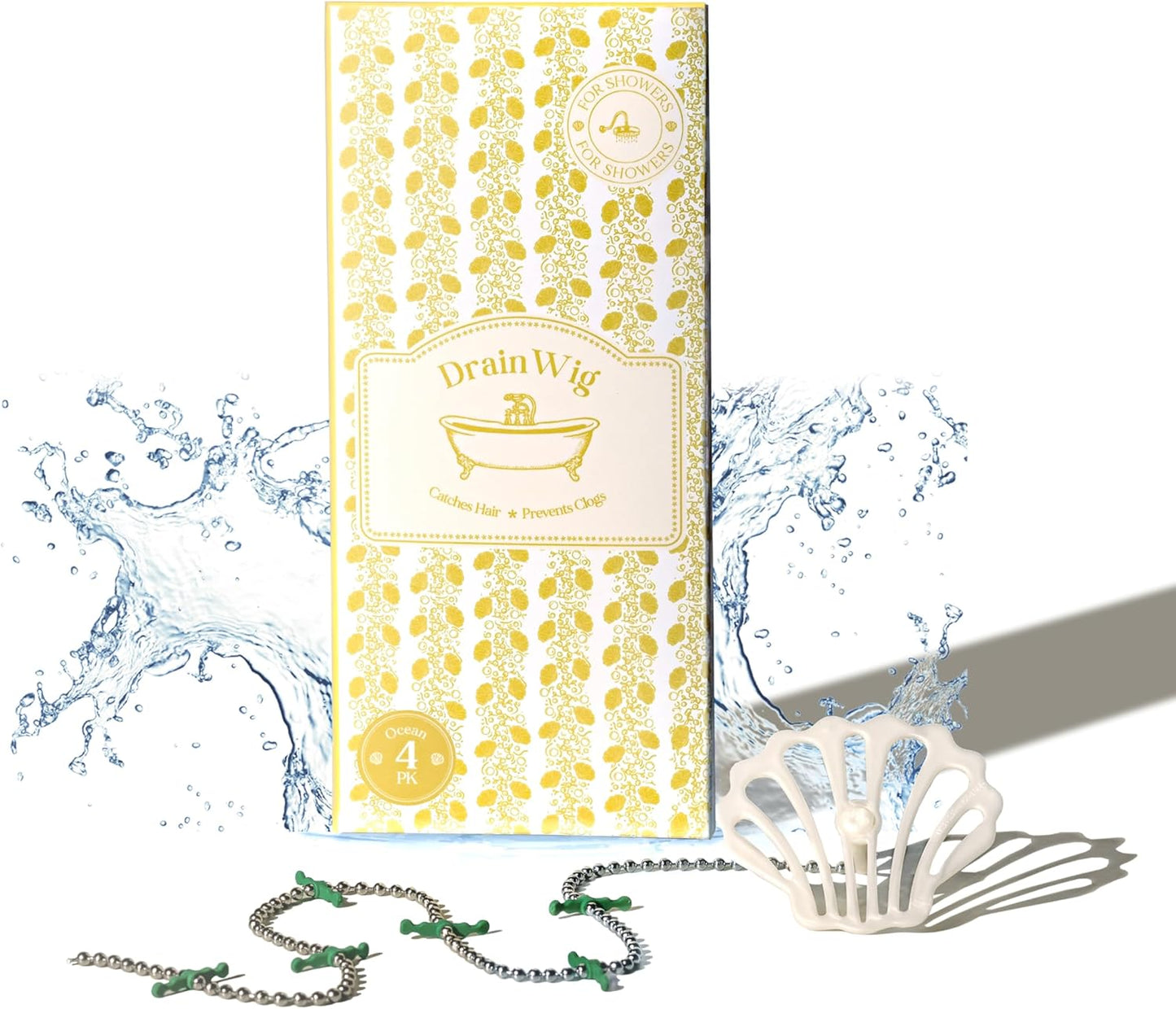 DrainWig Shower Drain Hair Catcher – Disposable White Ocean (4-Pack) – No-Touch Hair Removal for Flat Shower Drains – As Seen on Shark Tank