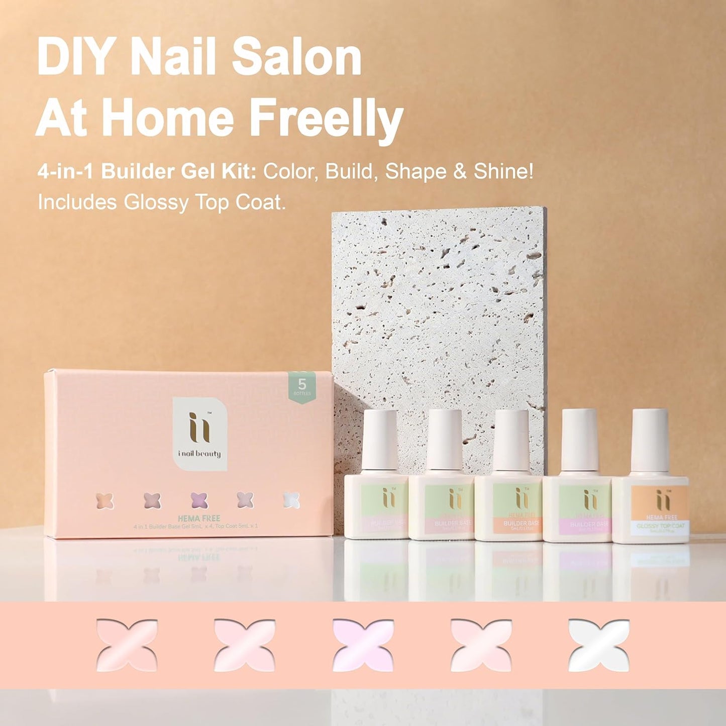 Rubber Base Builder Gel Strengthener Kit, With No Wipe Top Coat UV LED Curing, Hema Free, Vegan, Shinning Nude Pink Soak Off Gel Nail Polish for Nail Repair 6pcs X 5ml