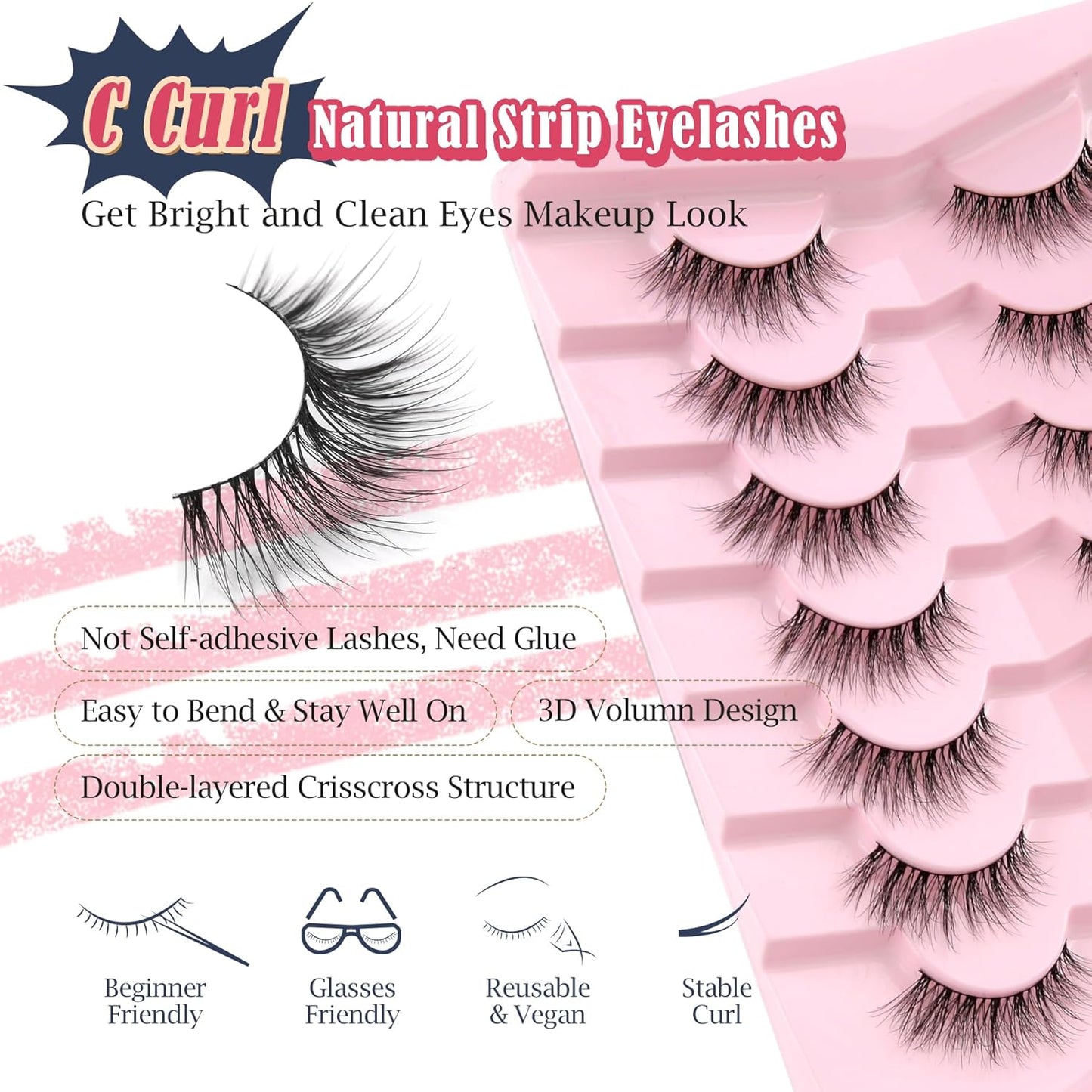 Natural Cat Eye Lashes Wispy Eyelashes 14mm Lightweight False Eyelashes 3D Volume Natural Strip Lashes 0.1mm Thin Cotton Band Lashes Pack C Curl Soft Lashes 7 Pairs Siligli