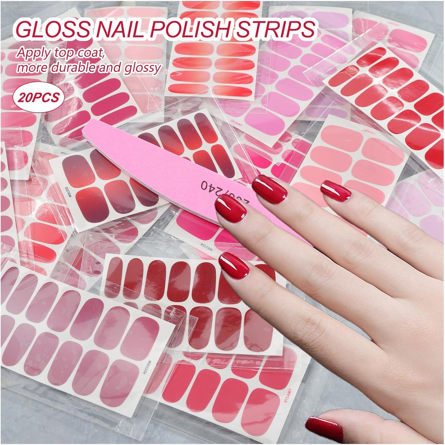 SILPECWEE Nail Polish Stickers, 20 Sheets Pink Solid Nail Stickers Full Nail Wraps with Nail File Self Adhesive Nail Polish Strips Gel Nail Strips Fingernail Nail Art Sticker Nails for Women