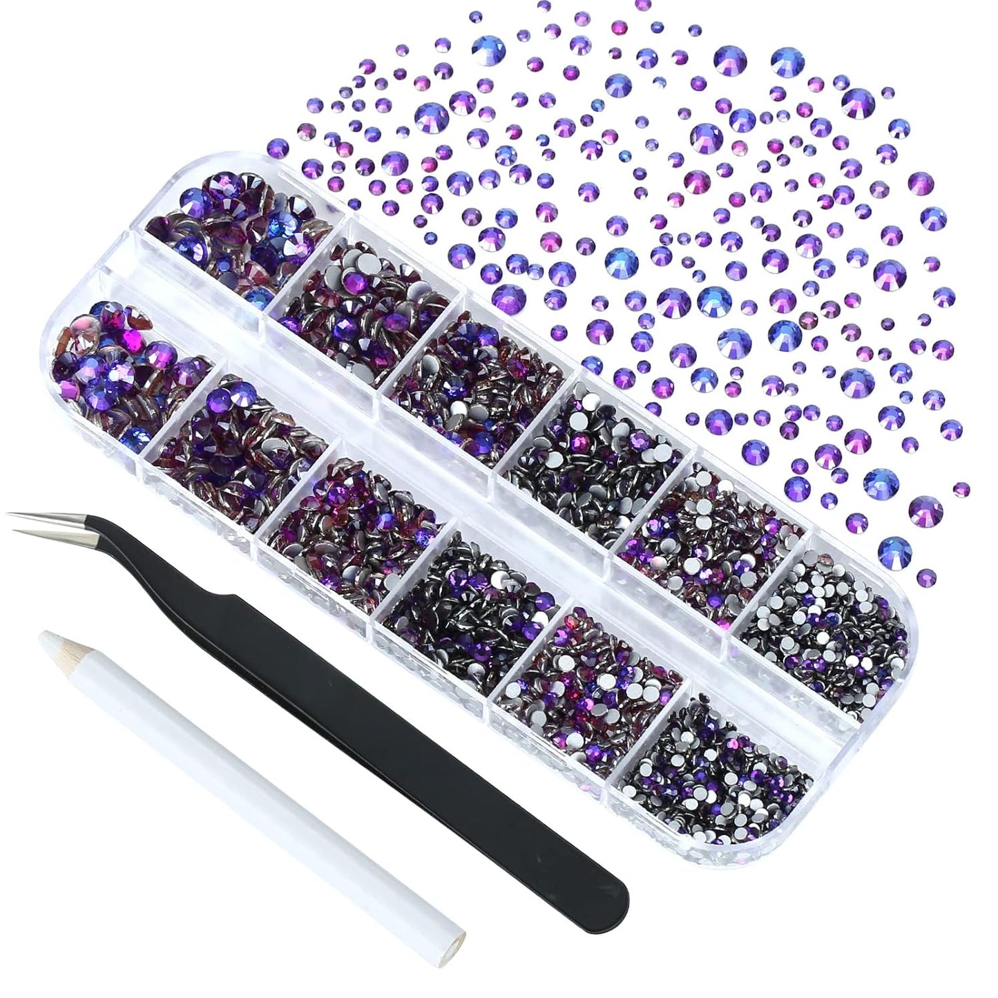 4240Pcs Purple Velvet Flatback Rhinestones 6 Sizes Crystal Diamonds for Nail Art Crafts Clothes Shoes with Tweezers and Picking Pen