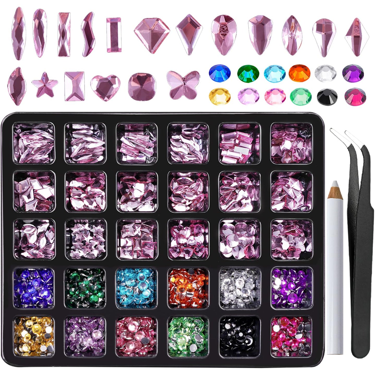 Canvalite 2900Pcs Pink Rhinestones for Nails, 18 Styles Multi Shape Nail Charms and Gems Shiny Glass Crystal Flatback Nail Rhinestones Set for Nail Art with Rhinestone Picker and Tweezers